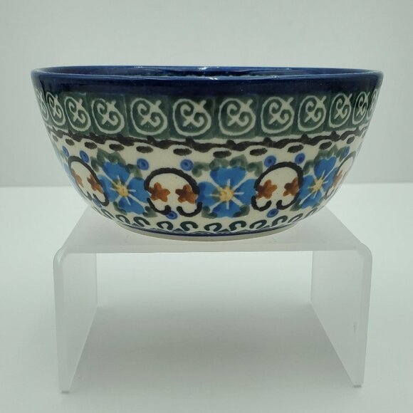 Polish Pottery Unikat Dessert Bowls Trinket Dishes Blue Flowers Green Accents - Picture 8 of 10